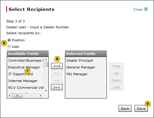 Select dealer users by dealer number, step 3 of 3.